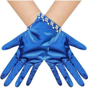 Women's Royal Blue Satin Pearl Short Length Gloves Wedding Banquet Party Prom